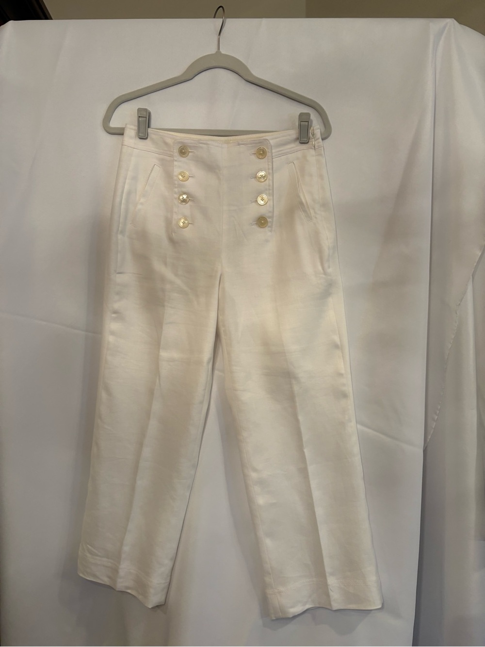 High-Rise White Linen Sailor Wide-Leg Pant